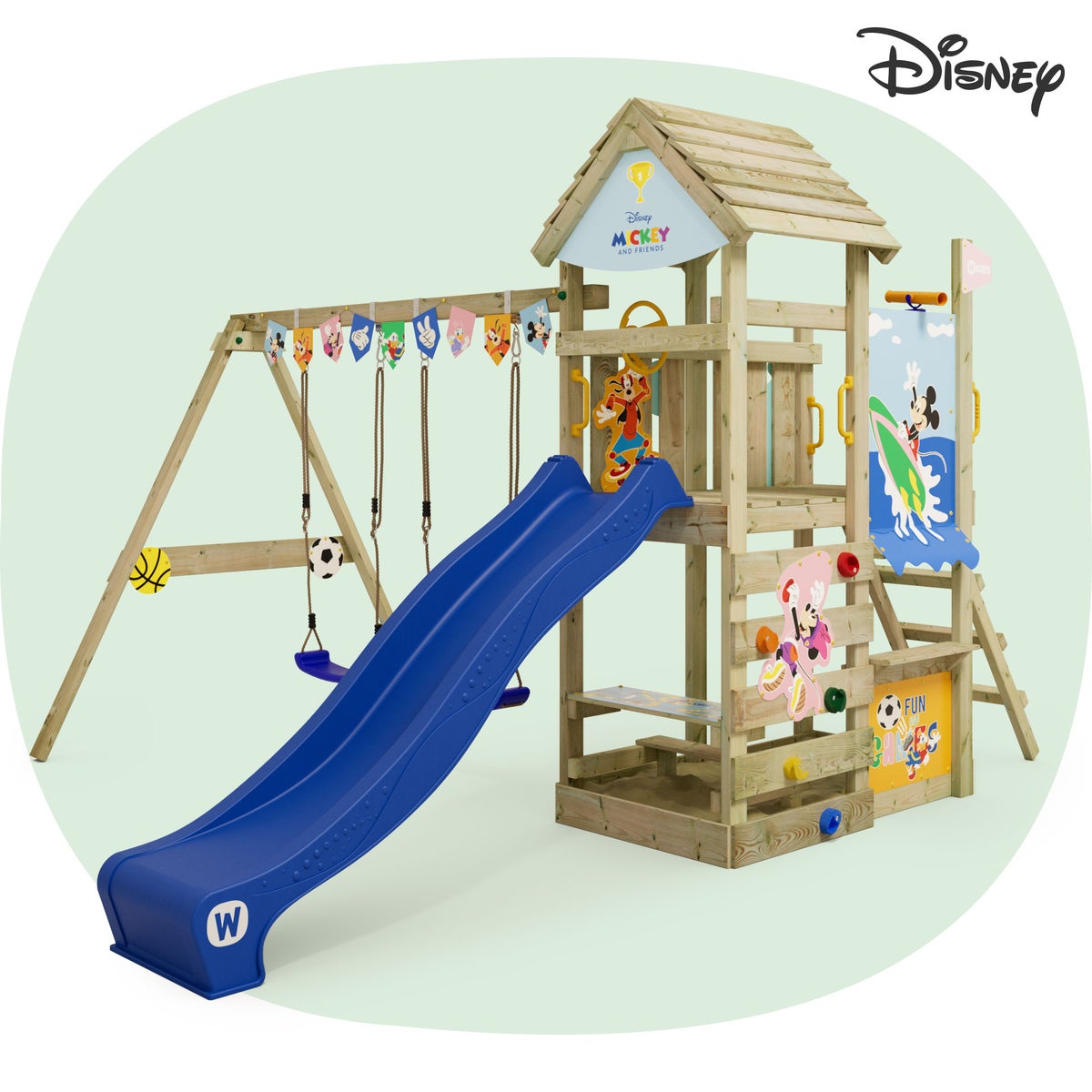 WICKEY Disney Mickey Mouse en Vrienden Avonturen Speeltoren met Glijbaan en Dubbele Schommel