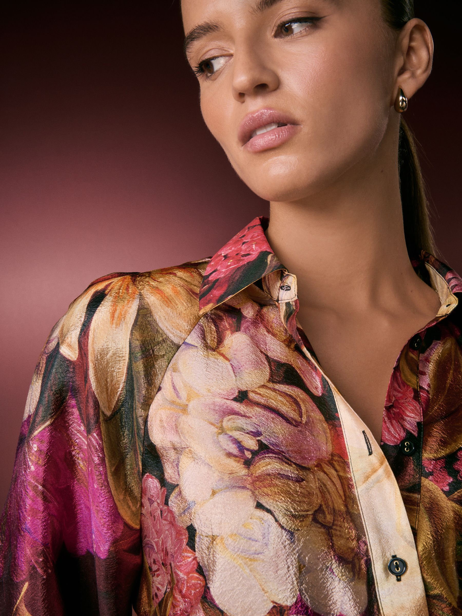 Kew Collection roze/paarse bloemenprint - Overhemd met lange mouwen en knoopsluiting
