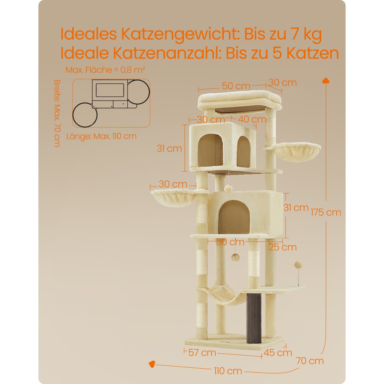 FEANDREA Kratzbaum mehrstöckig mit Höhlen beige