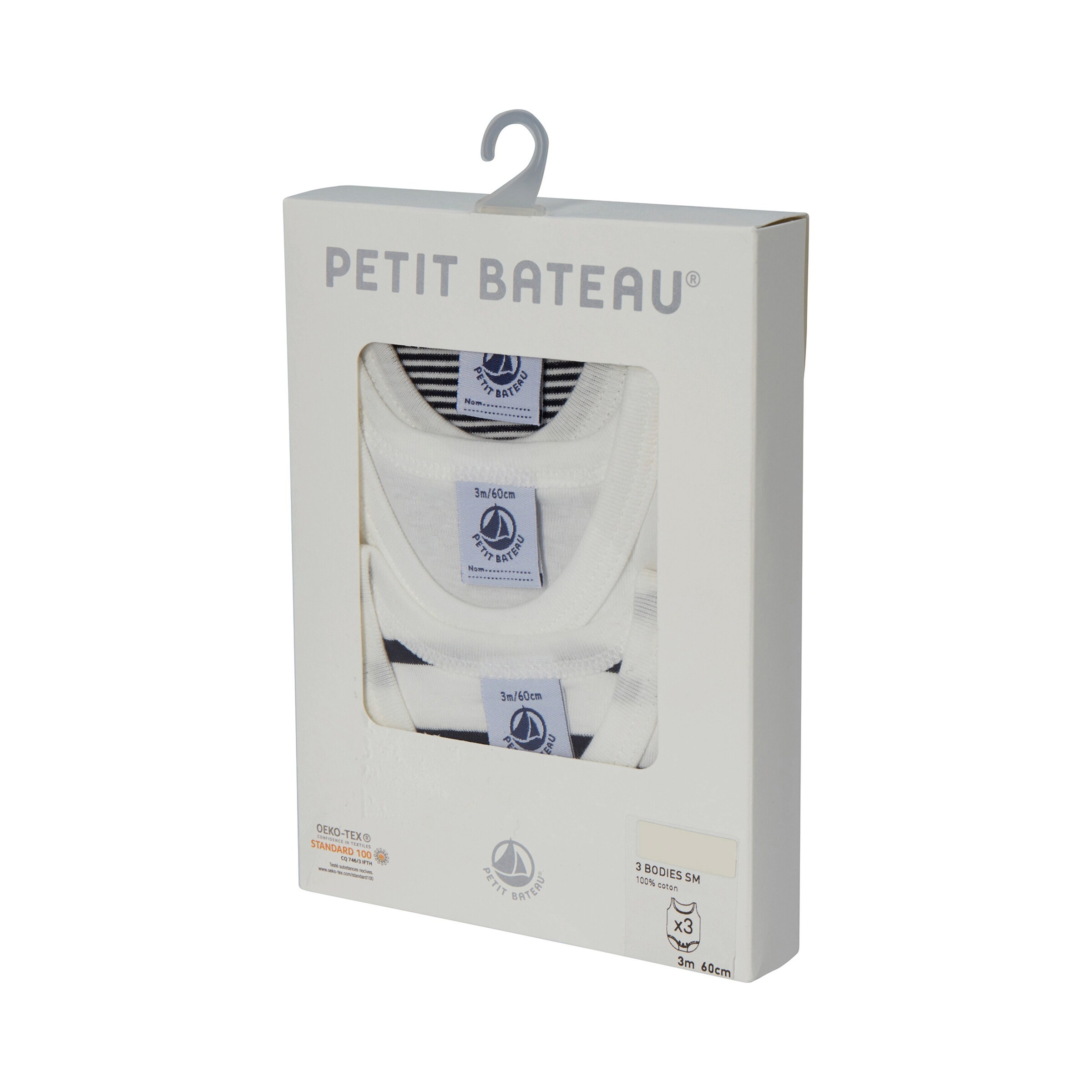 Petit Bateau 3er-Pack Bodys ohne Arm Uni Ringel Streifen