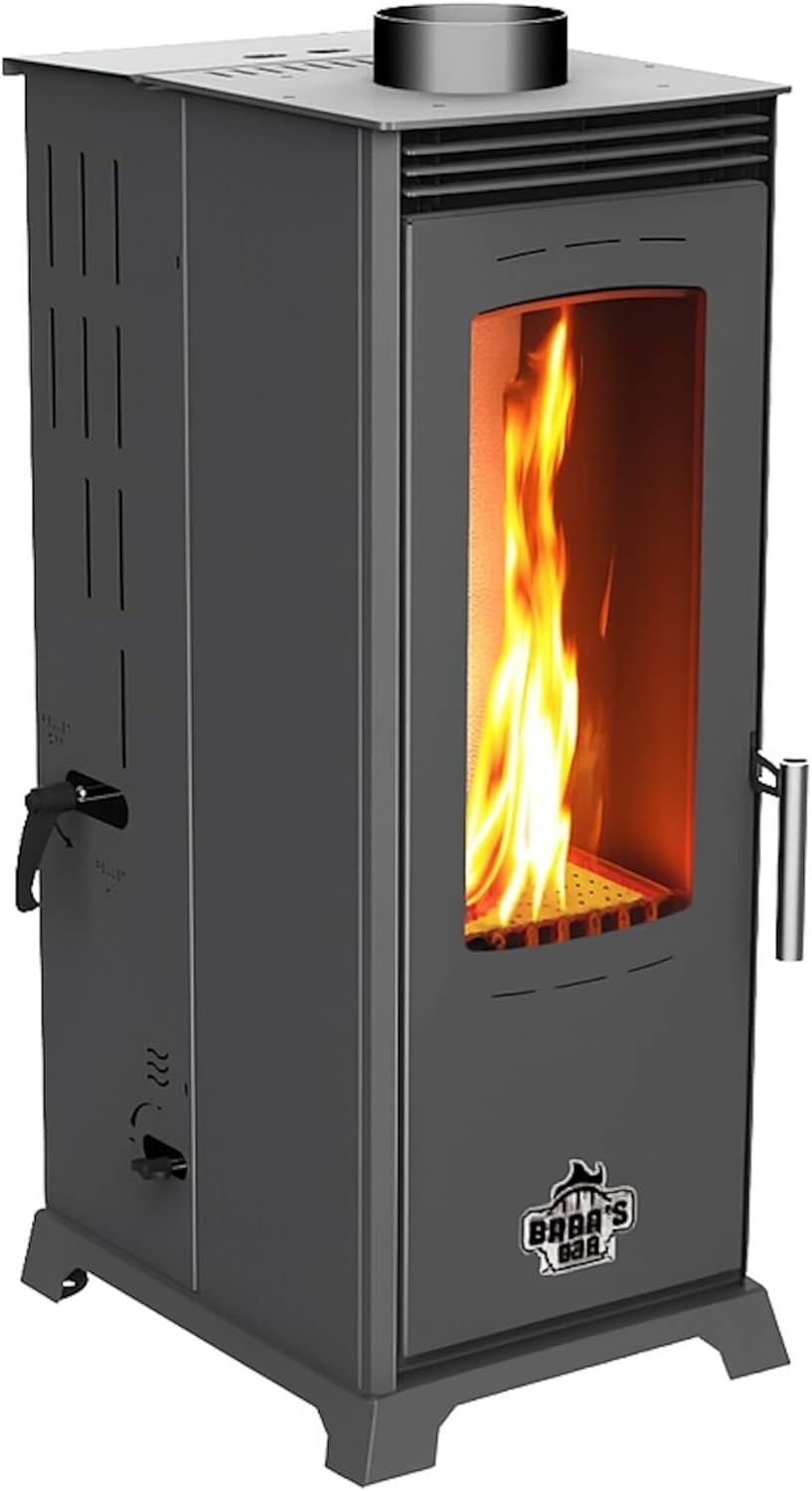 Babas Eco Mini Hybridofen Pellets und Holz Kombiofen Kaminofen 8 kW Pelletofen ohne Strom Schwarz Holzofen Holz Ofen Kamin