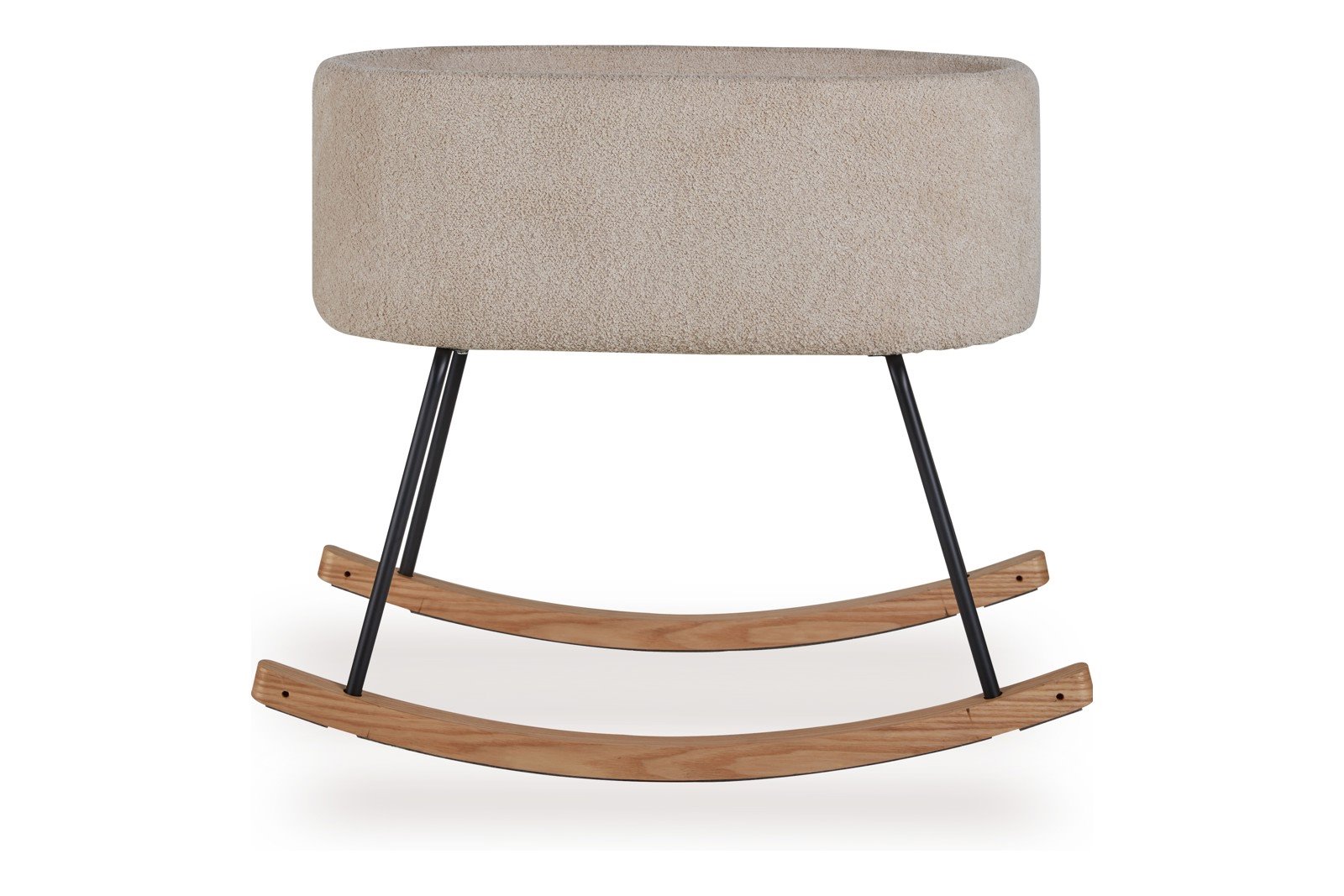 De luxe vugge Vugge i beige, polstret bouclé. Understell i heltre bjørk/pulverlakkert metall.