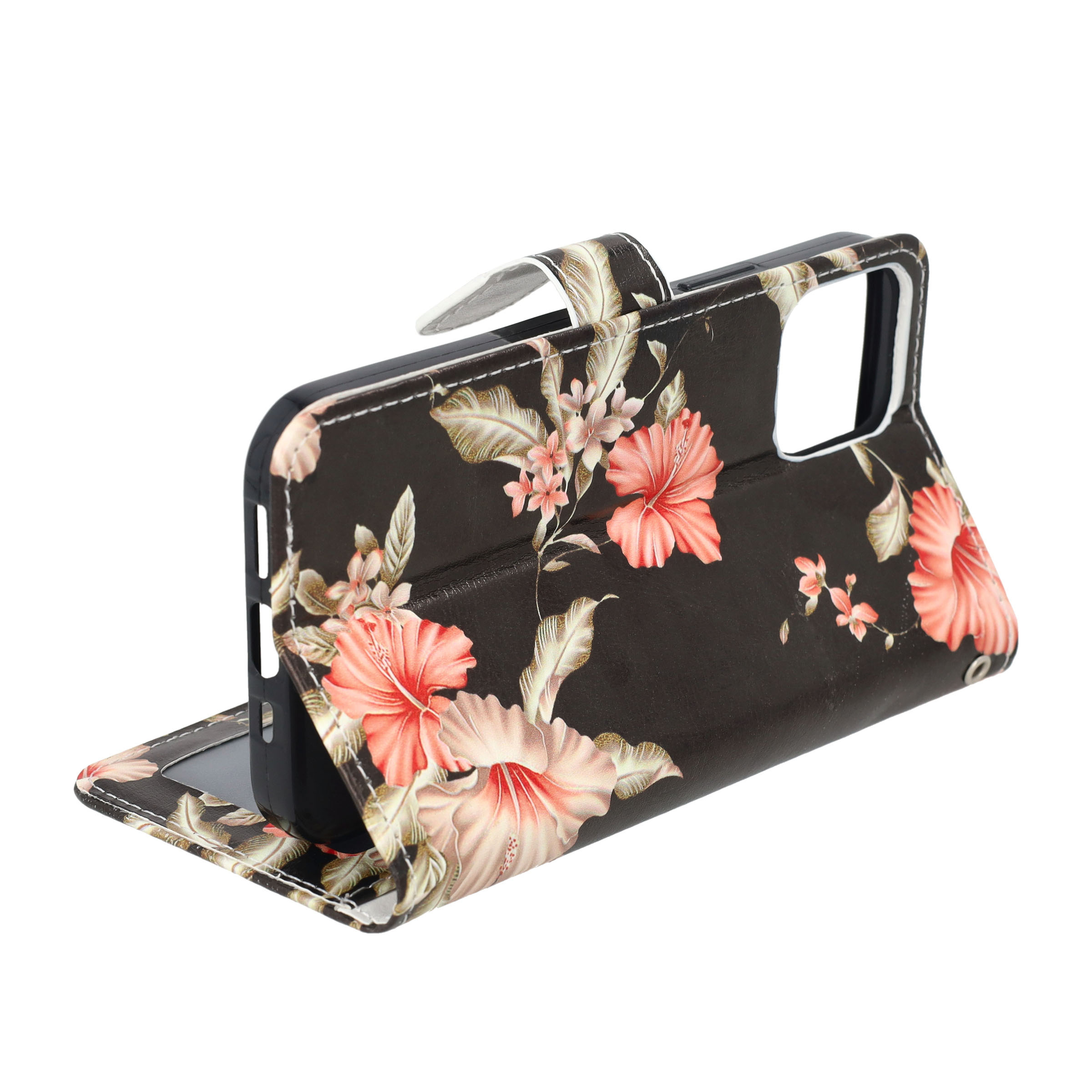 iPhone 12 / iPhone 12 Pro Leder Tasche Flip Cover Rosa Azalea Blumen - Schwarz