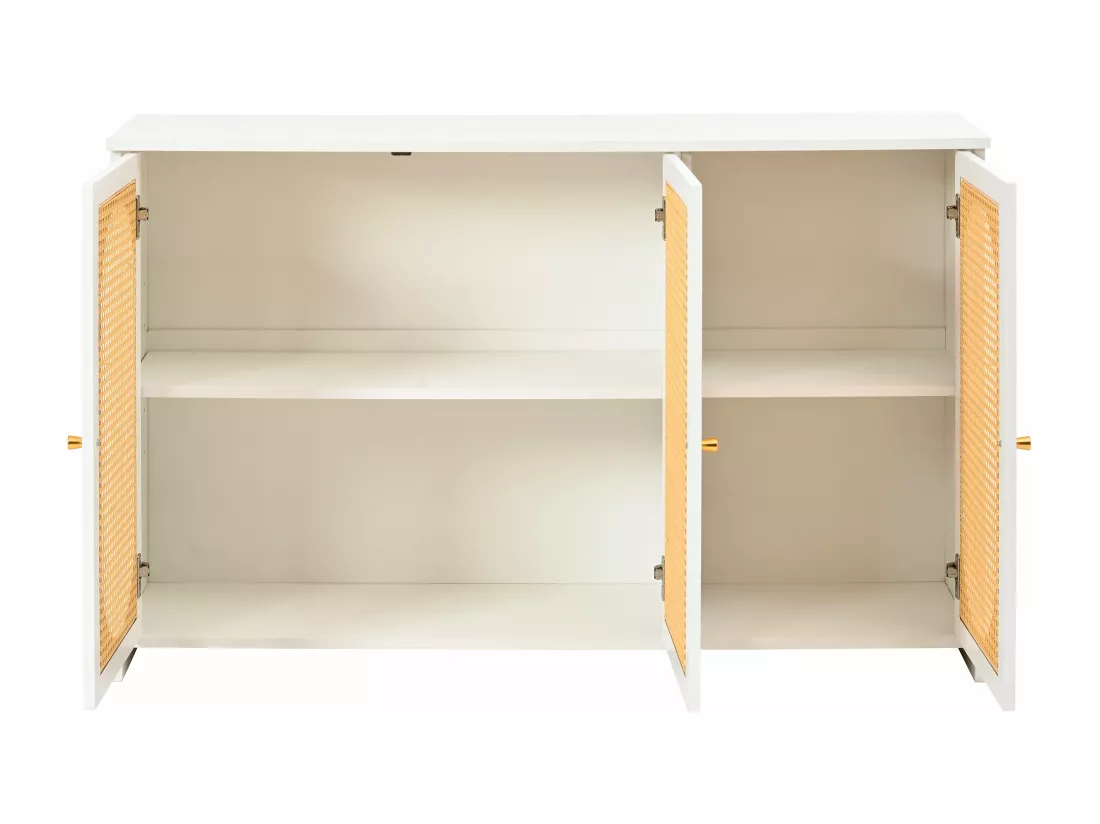 Buffet 3 portes en rotin avec étagères réglables - en MDF - Blanc