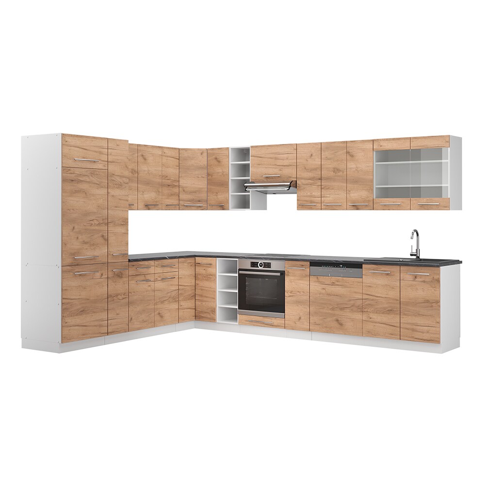 Vicco Eckküche Küchenzeile Einbauküche Fame-Line Weiß Eiche 257x347 cm modern Spülenunterschrank Unterschrank Herdumbauschrank Hängeschrank Kühlumbauschrank Apothekerhochschrank Blende