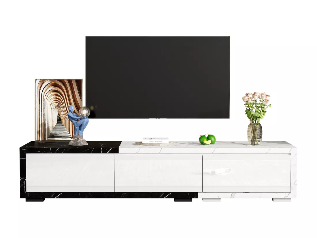 Meuble TV à longueur réglable (140-179,5 cm) - 3 portes abattantes - effet marbre - Blanc & Noir