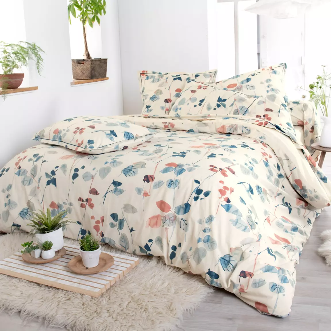 Taie de traversin coton lavé (L200 cm) Feuillages Multicolore