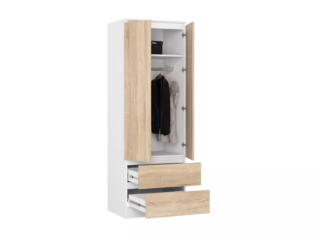 Armoire AKORD S60 Blanche 60 cm 2 portes 2 tiroirs façade Chêne Sonoma 1 étagère 60x51x180 cm