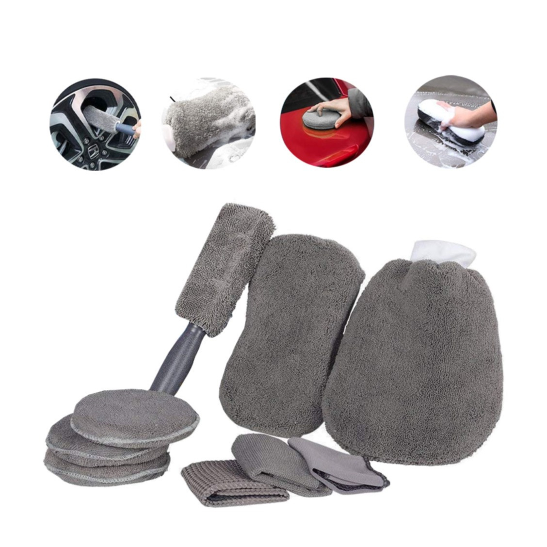 (9-tlg. Set) Mikrofaser Reinigungs Tuch Kit für Auto KFZ Fahrzeug Felgen / Karosserie / Intérieur (Innen- und Aussenreinigung) - Grau