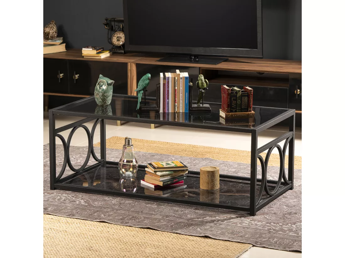 Table basse Fredericas métallique et verre tempéré (Noir)