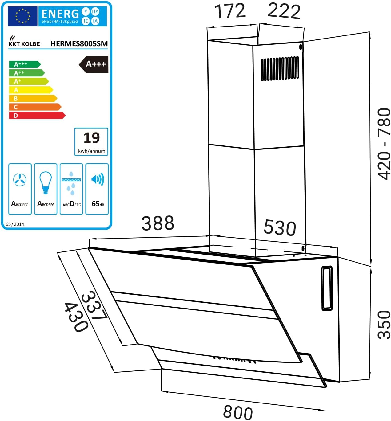KKT KOLBE A+++ Dunstabzugshaube 80 cm 782 cbm/h Kopffreie Wandhaube Edelstahl schwarzes Glas WLAN RGBW-LED-Beleuchtung SensorTouch Bedienung HERMES8005SM