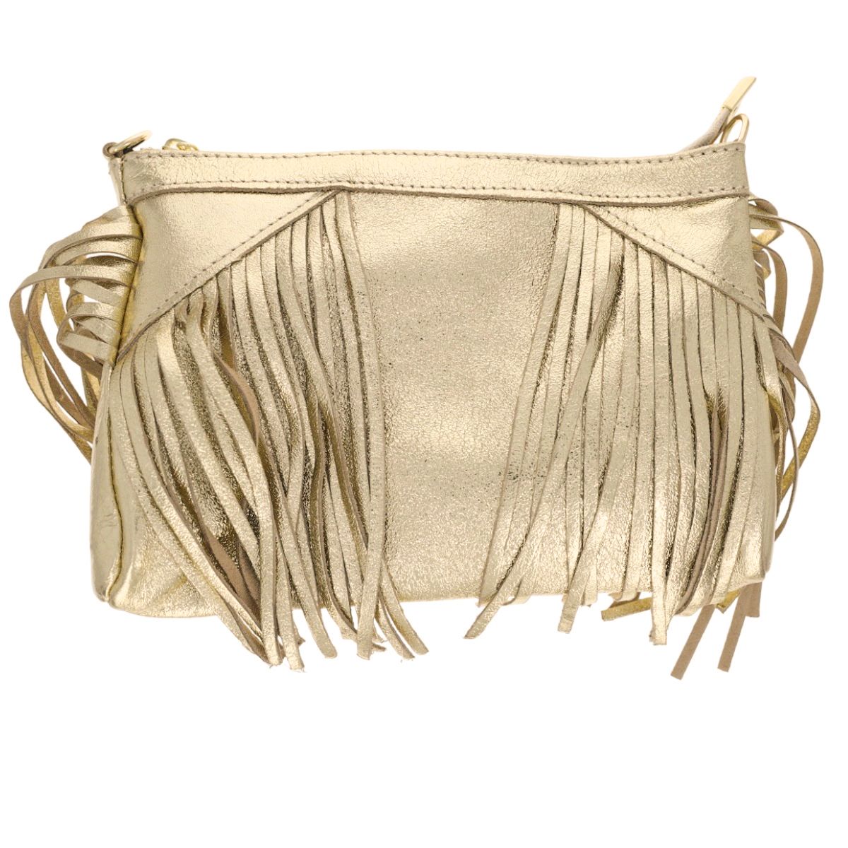 Sac à mains à franges cuir irisé platine Maison Suzanne