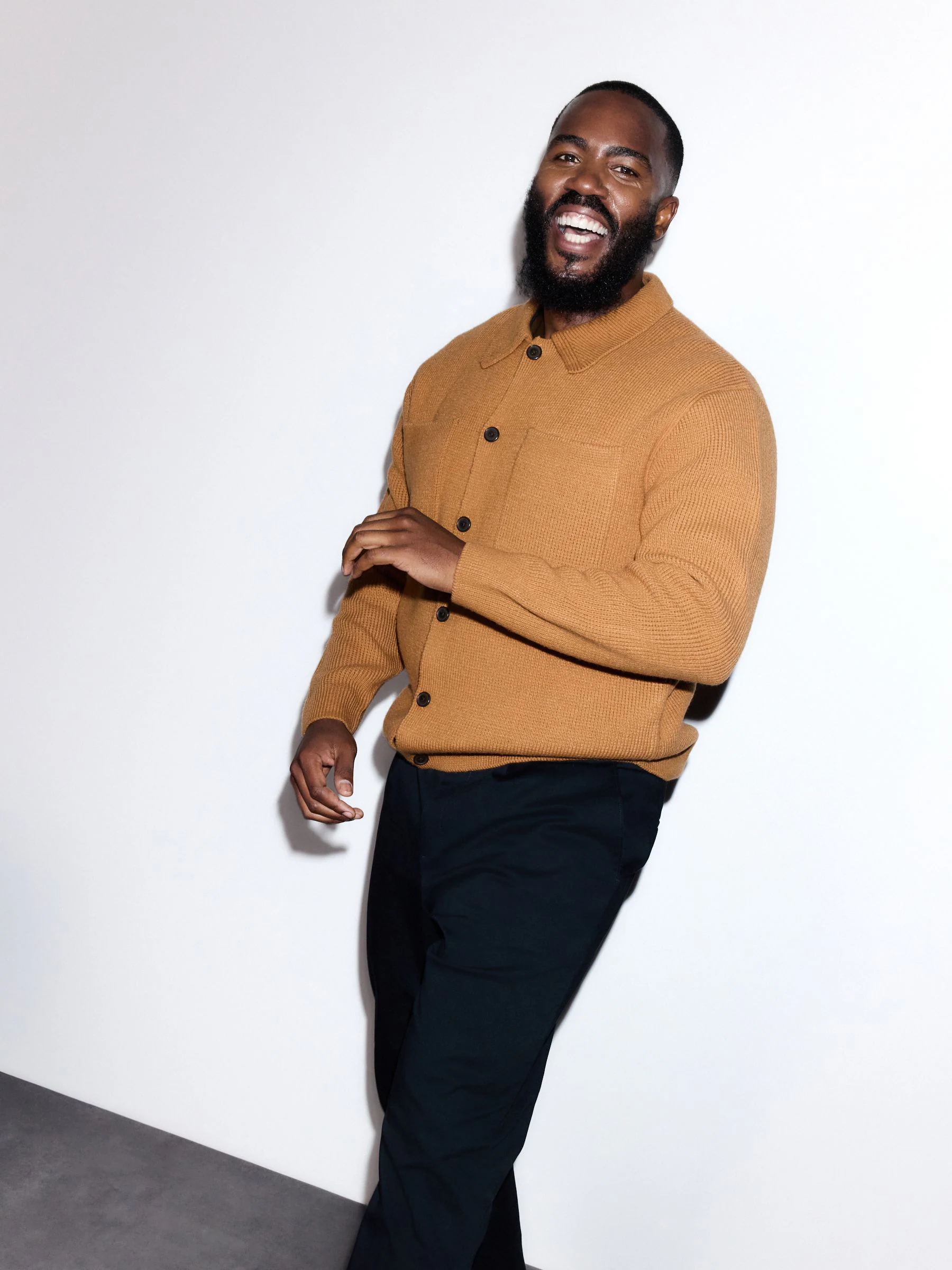 Okergeel - Regular Fit Twin Pocket Collared Cardigan with Wool