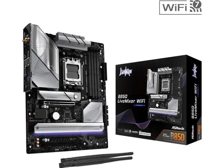 ASRock B850 LIVEMIXER WIFI - Bundkort - ATX - Socket AM5 - AMD B850 Chipset - USB-C 3.2 Gen 2x2, USB-C 3.2 Gen2, USB 3.2 Gen 2, USB 3.2 Gen 1 - Wi-Fi 7, Bluetooth, 2.5 Gigabit LAN - onboard grafik (CPU påkrævet) - HD Audio (8-kanaler)