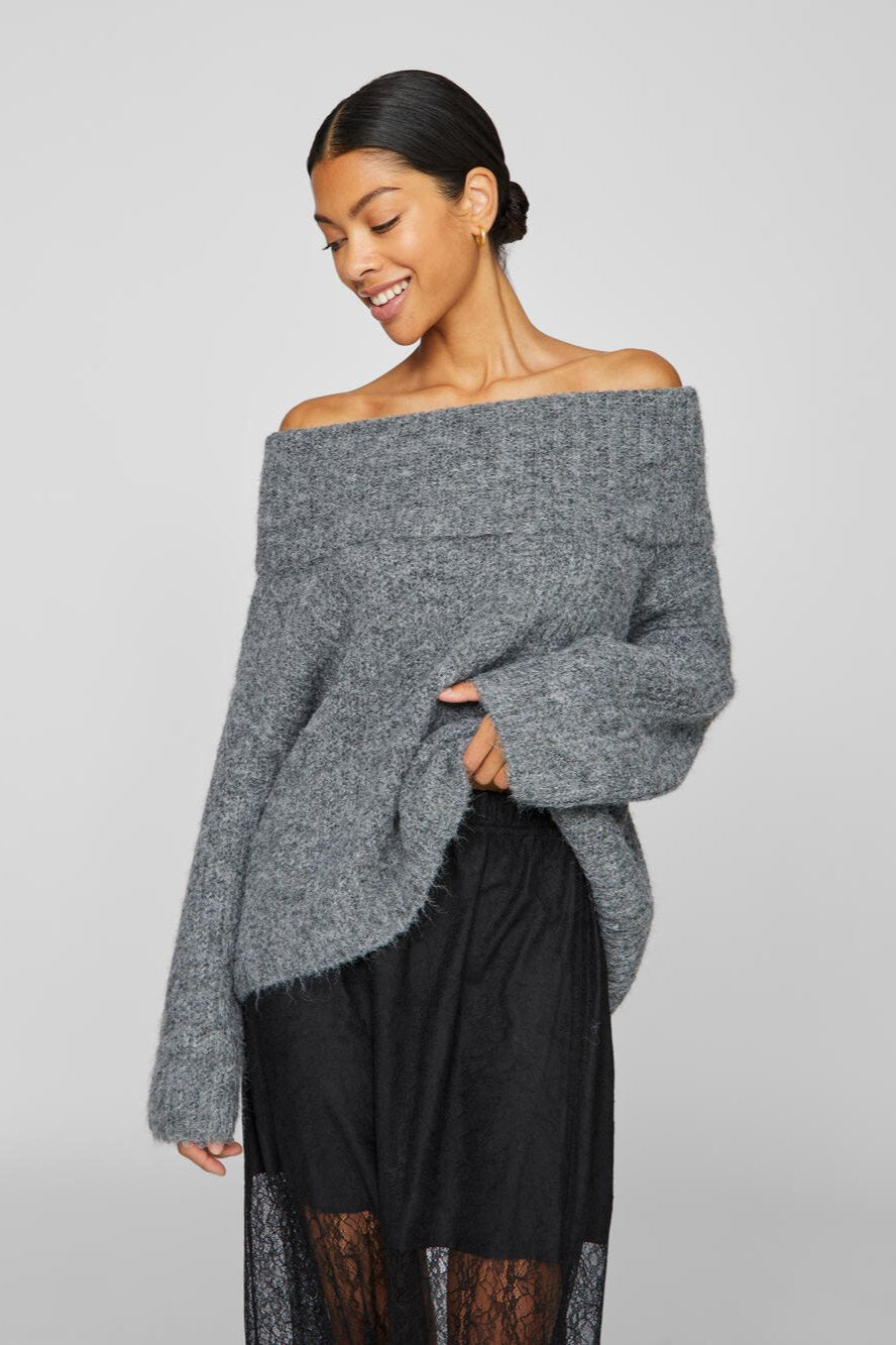 Vila  Viadina L/S Off Shoulder striktrøje - Medium Grey Melange