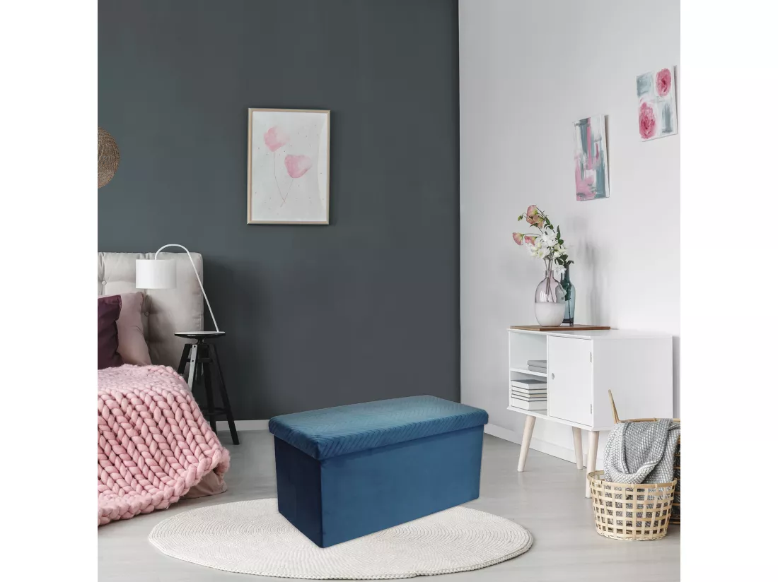 Coffre Banc Pliable Velours A Motif Bleu