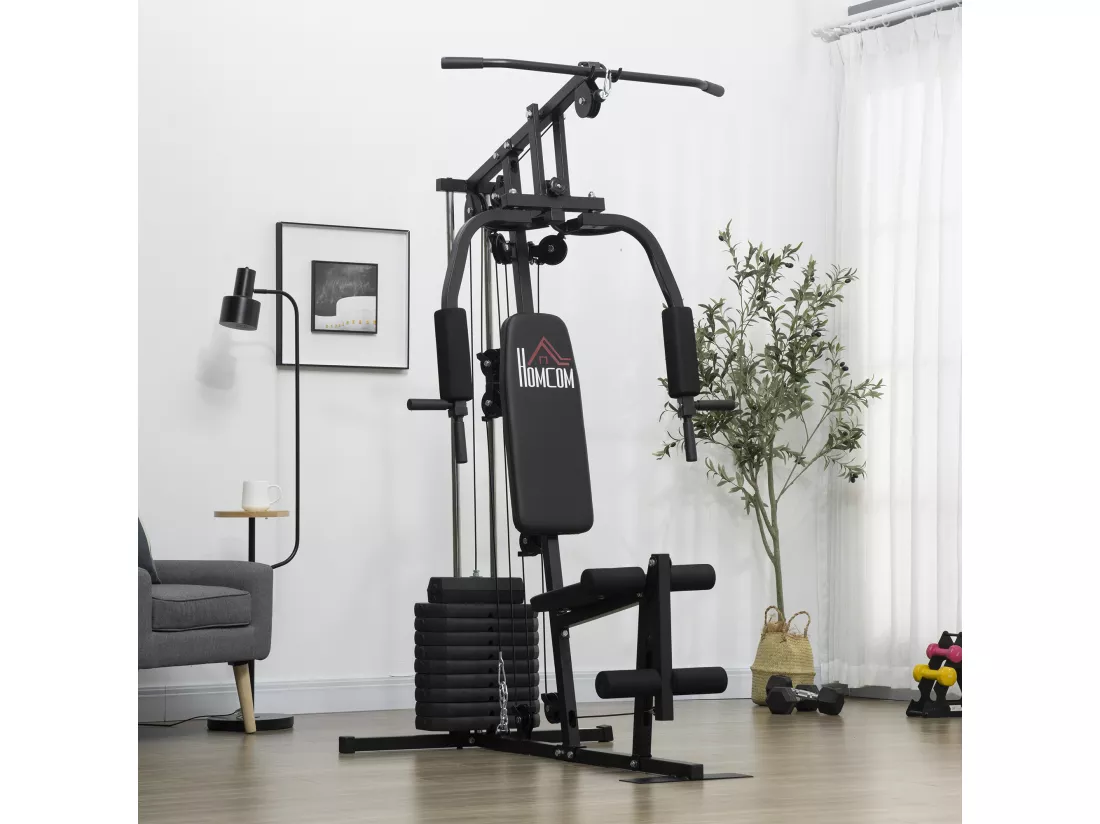 Station de musculation - entrainement complet - développé couché, butterfly, barre latissimus, curler - 9 contrepoids - acier noir