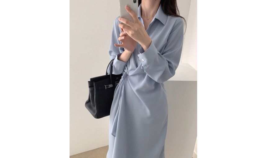 Onipixiy - Asymmetrische, effen midi-jurk met lange mouwen en wikkelmotief