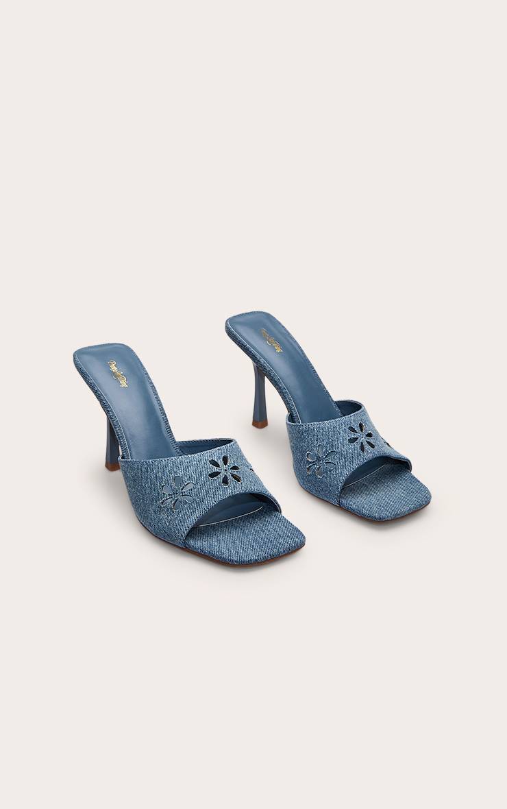 Bleu Mules À Talons En Denim Découpées Au Laser