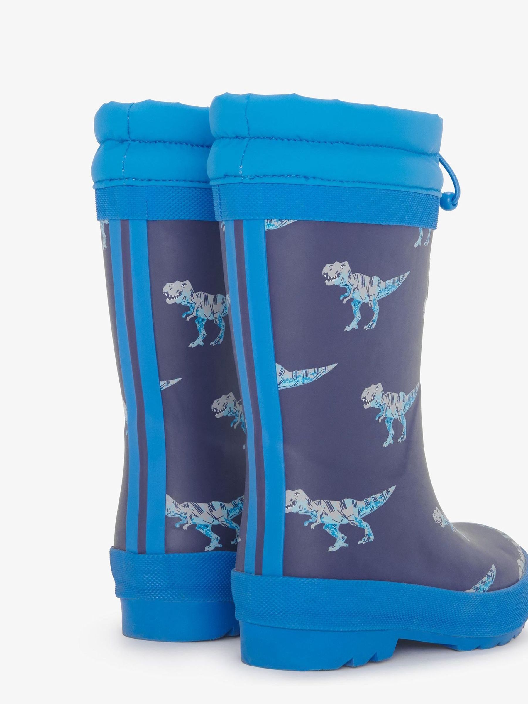 Hatley blauwe T-Rex dinosaurus aanval met sherpa gevoerde waterdichte regenlaarzen