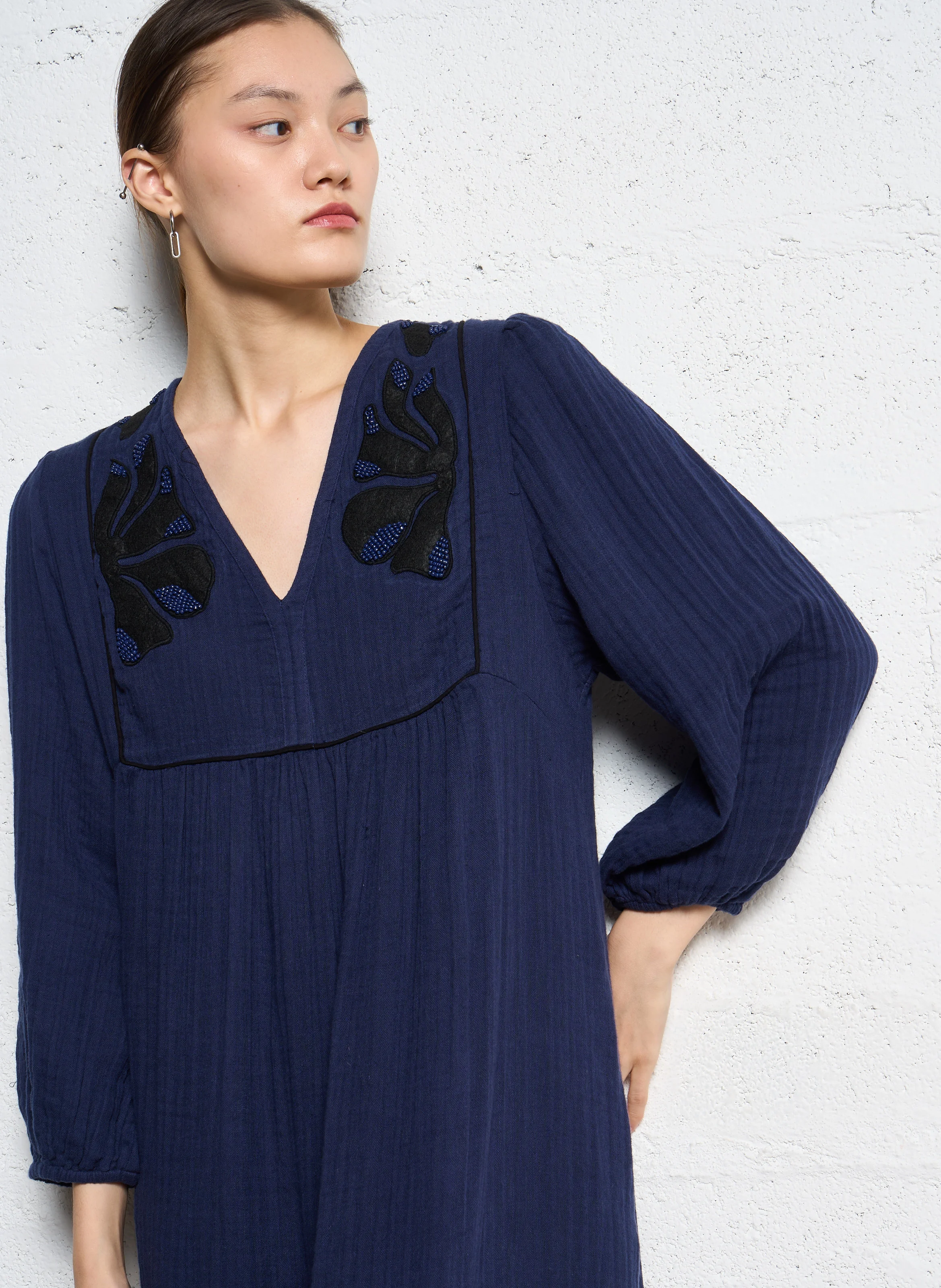 ROMAINE - Robe longue col V en coton | Bleu
