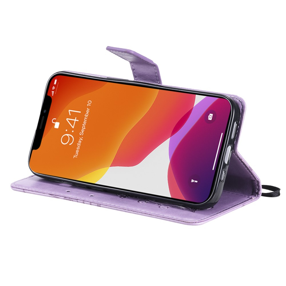 iPhone 13 Leder Tasche mit Kartenfach   Handschlaufe Schmetterling - Lila