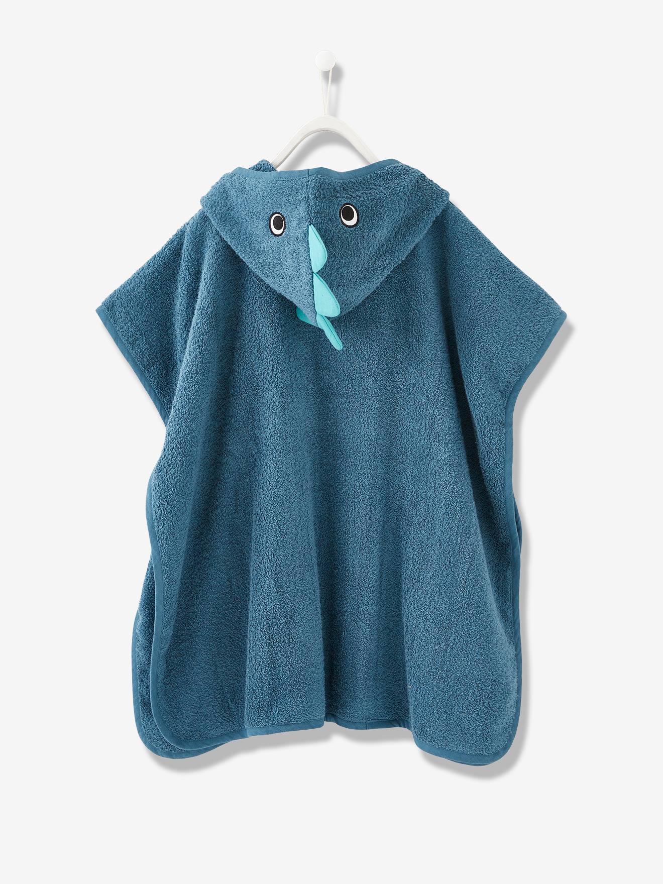 Poncho de banho infantil com estampa de dinossauro, azul médio, liso com detalhes.
