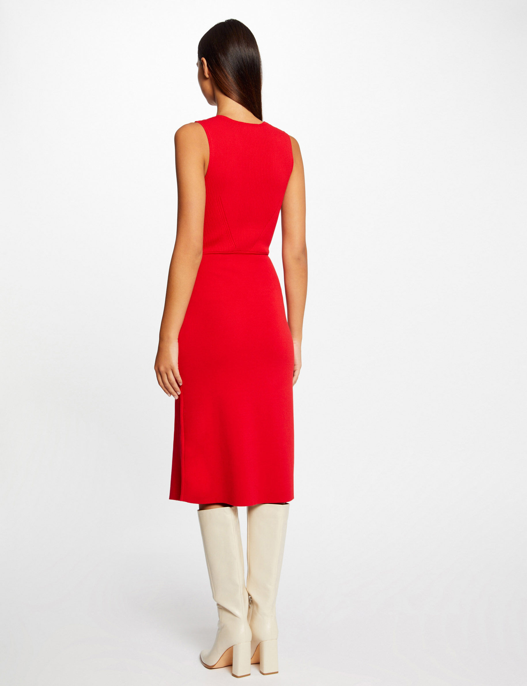 Robe pull midi ajustée col en V rouge femme - rouge