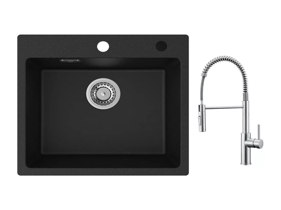 Cecipa max Evier Quartz Noir 50x45cm Evier 1 Bac en Quartz Evier de Cuisine en Granit + Mitigeur Cuisine à Ressort Brossé avec Douchette Extractible