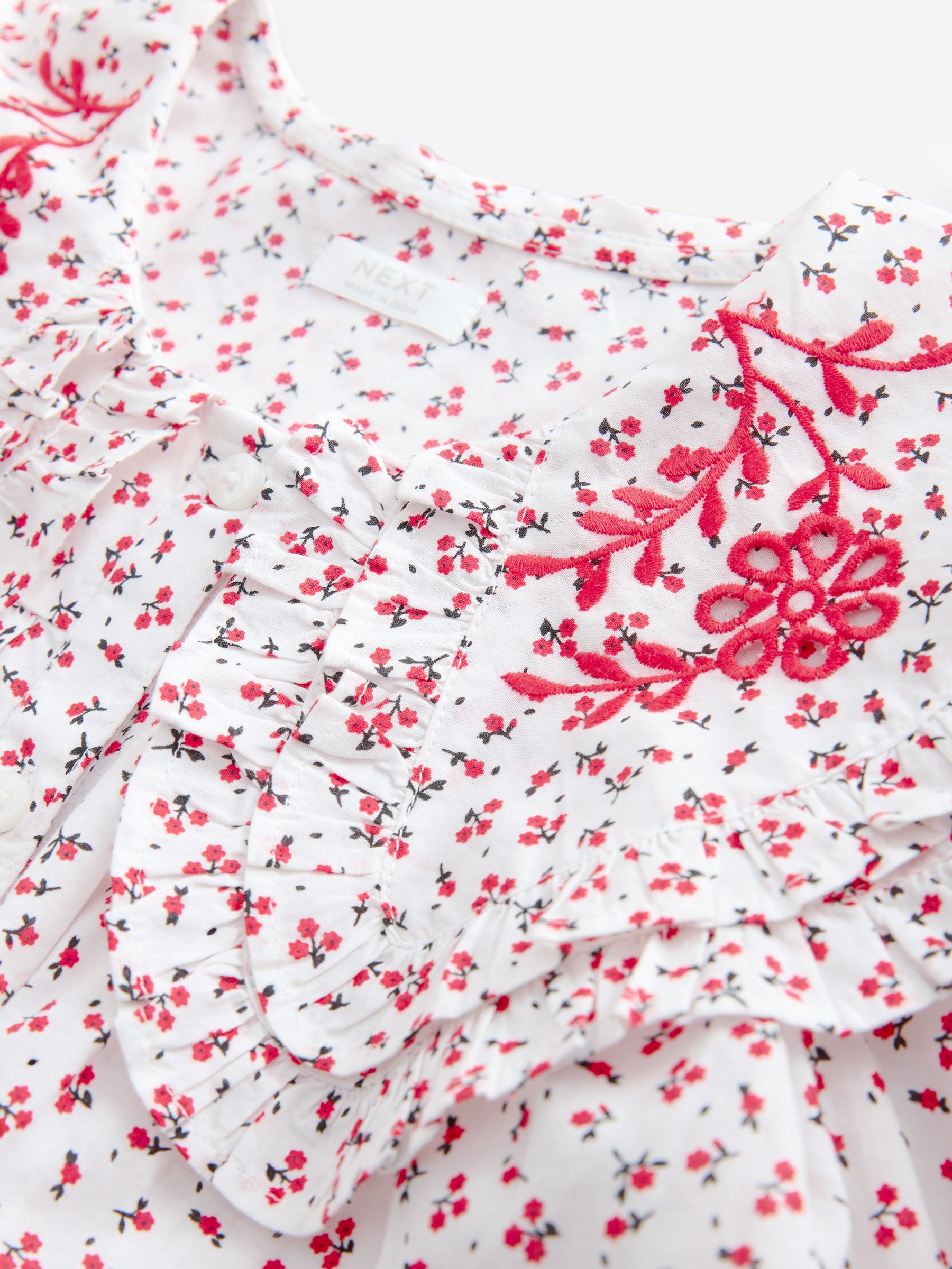 Rood gebloemd - Geborduurde kraag 100% katoenen blouse (3 - 16 jr)