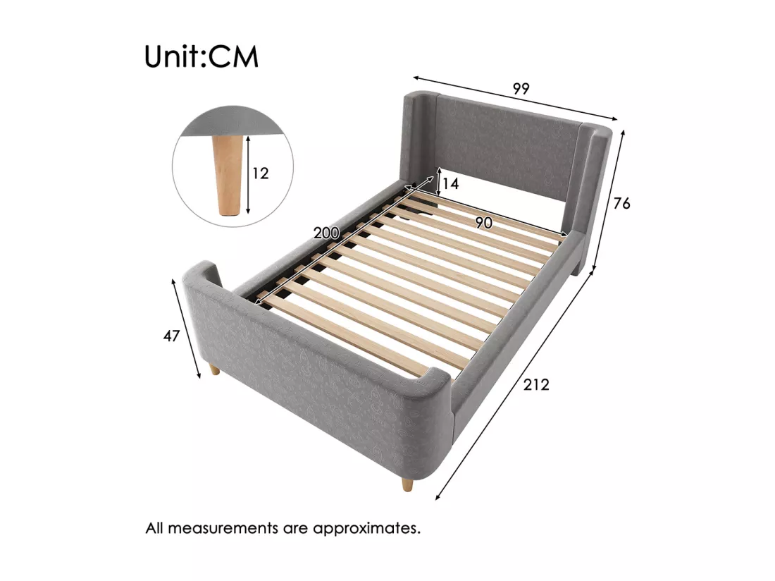Lit d'enfant Lit rembourré,Lit traîneau, 90 x 200 cm, Pour garçons & filles, Gris,Sans matelas