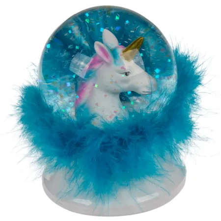 Out of the Blue Glitterkugel, Einhornkopf, auf Sockel mit Federn
