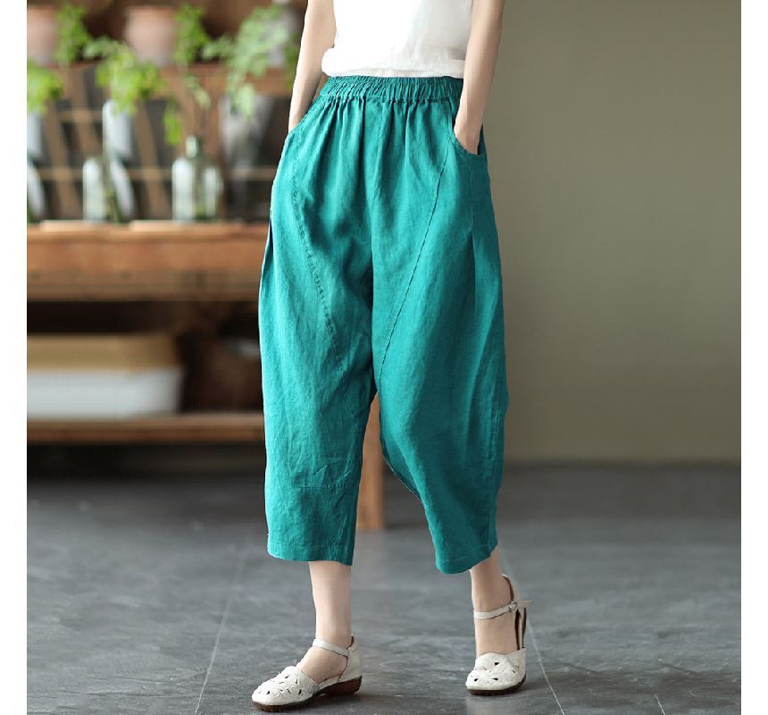 Lewwe - Effen cropped harembroek met elastische taille