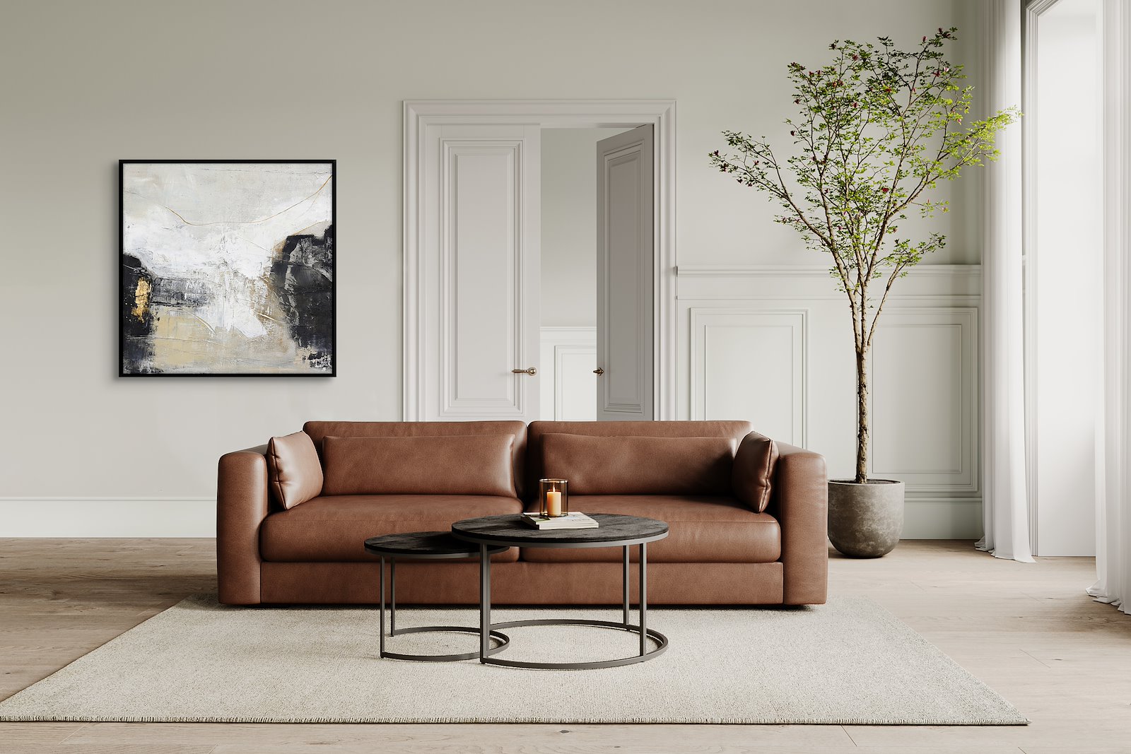 White Noir bilde Hvitt, sort og beige maleri, med sort ramme 100x100 cm