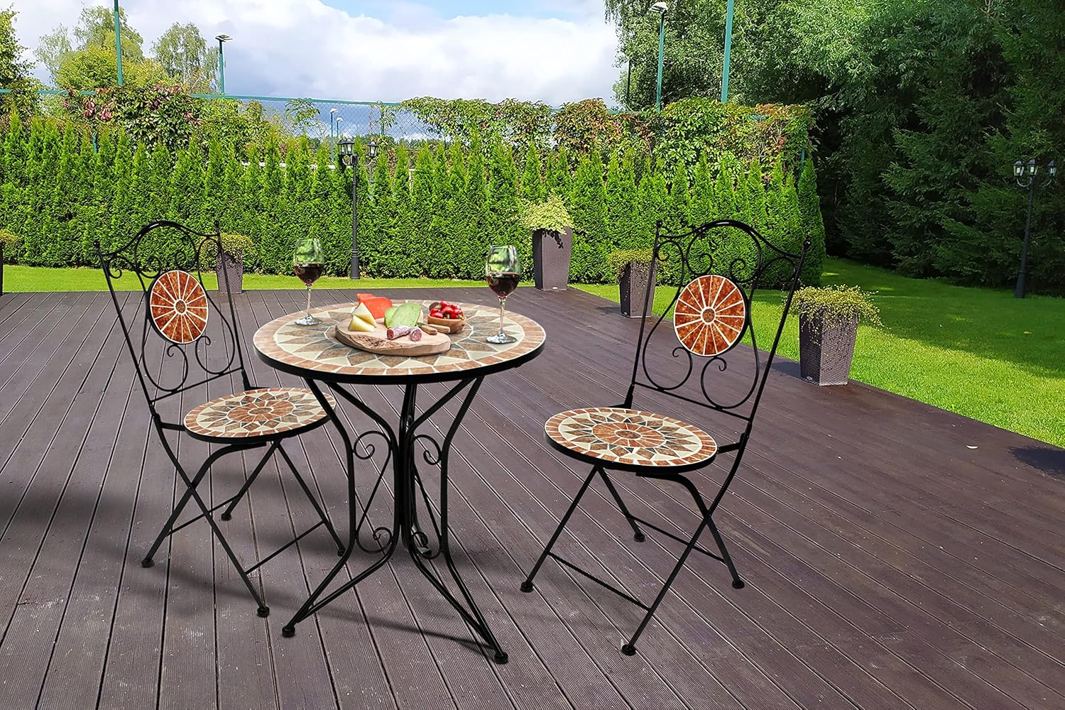 Kobolo Tischgruppe MOSAIK 1 Tisch rund 2 Klappstühle Metall Mosaik schwarz terrakotta
