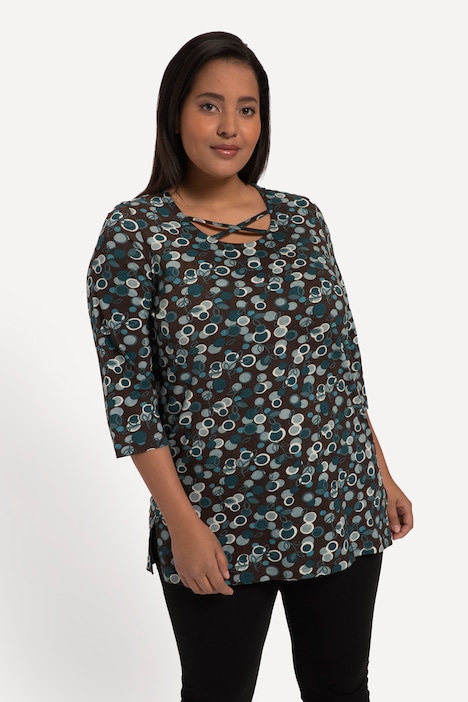 Longshirt, A-Linie, Punkte, Rundhals mit Zierbändern, 3/4-Arm