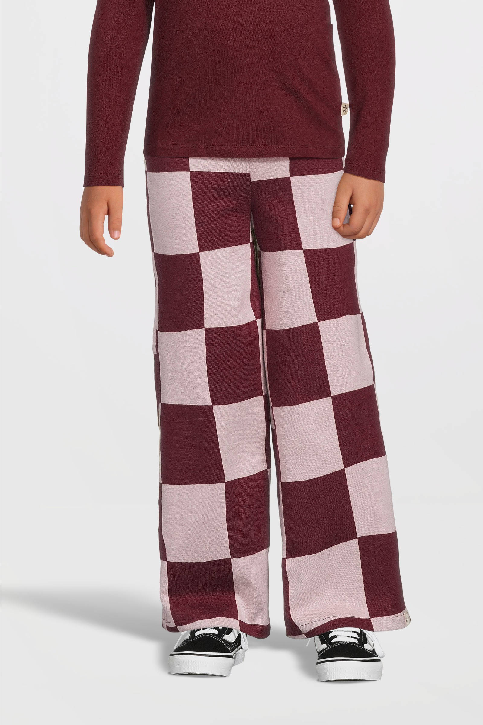 Your Wishes geruite wide leg broek wijnrood/roze
