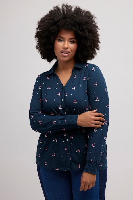 Jersey-Bluse, Stickerei, Gummisaum, Hemdkragen, Langarm