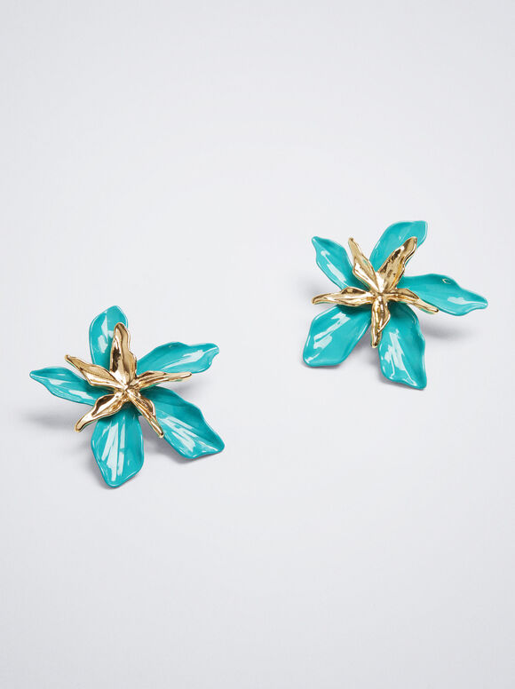 Brincos com flor esmaltada - Azul