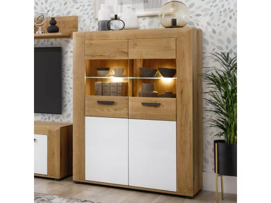 Vaisselier 2 portes Blanc/Bois clair à Led - ABOKI - L 99 x l 40 x H 136 cm