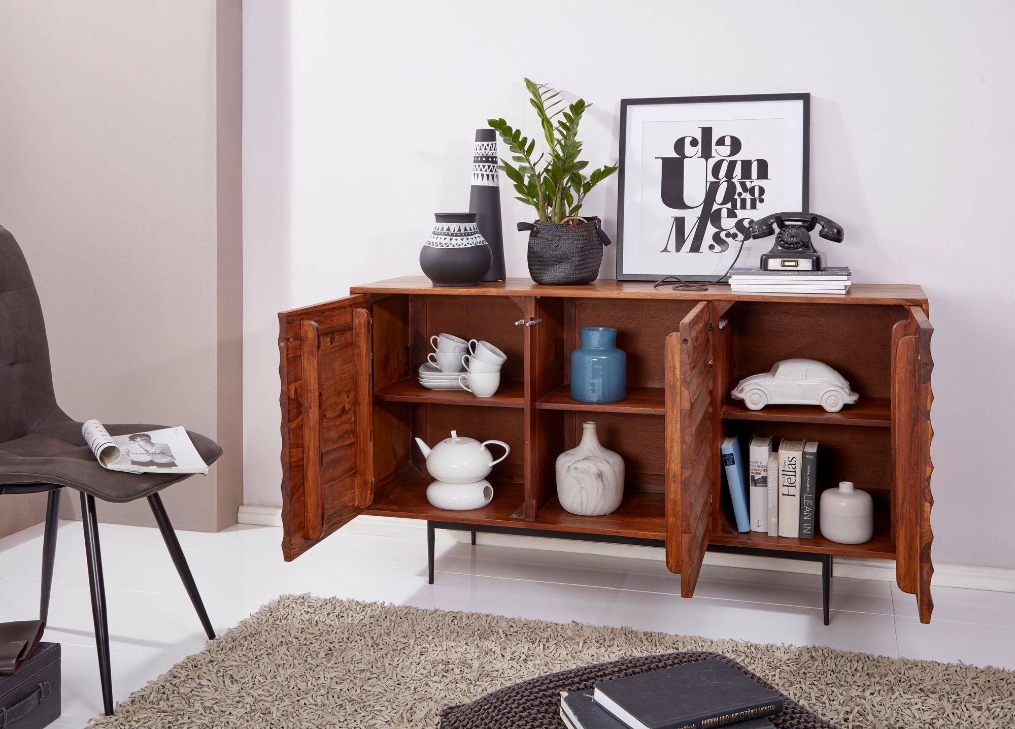 FineBuy Sideboard Sheesham Landhaus Kommode Holz Massiv Anrichte Standschrank