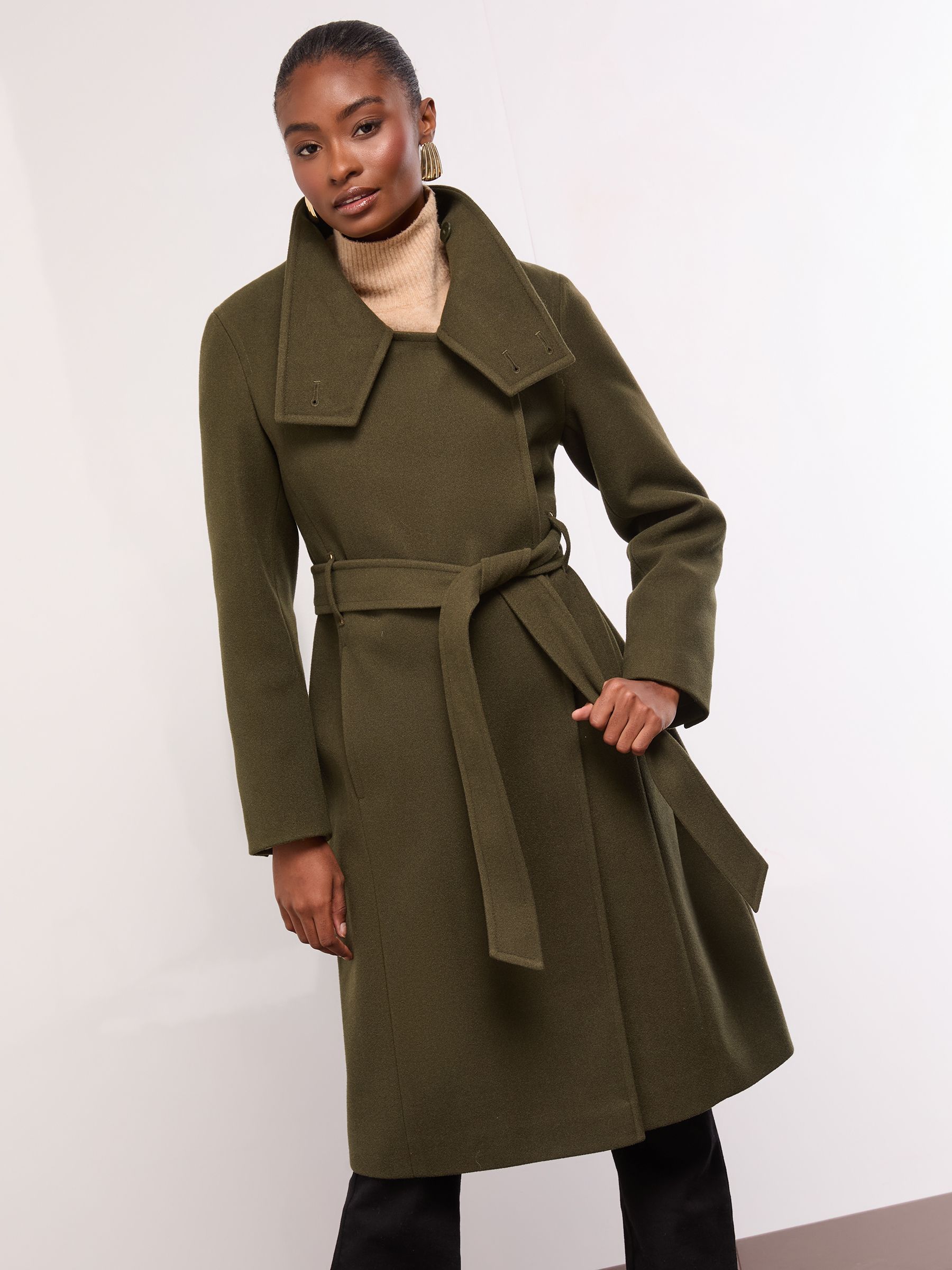 Olijfgroen - Lipsy asymmetrische jas met trechterhals en riem