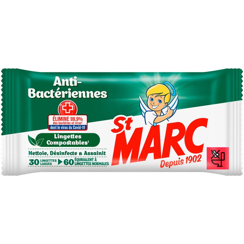 Lingettes nettoyantes anti-bactériennes surfaces extra larges St Marc - Paquet de 30 = 60