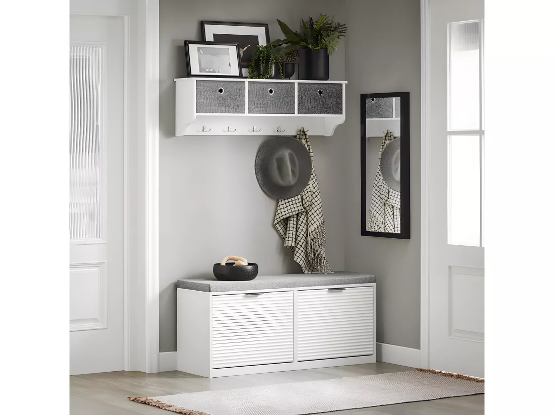 SoBuy Banc à Chaussures Banc d’Entrée Banc de Couloir Armoire à Chaussures avec 2 Abattants Meuble de Rangement pour Entrée avec Coussin Rembourré, 105 x 35 x 48 cm, Blanc, FSR147-W