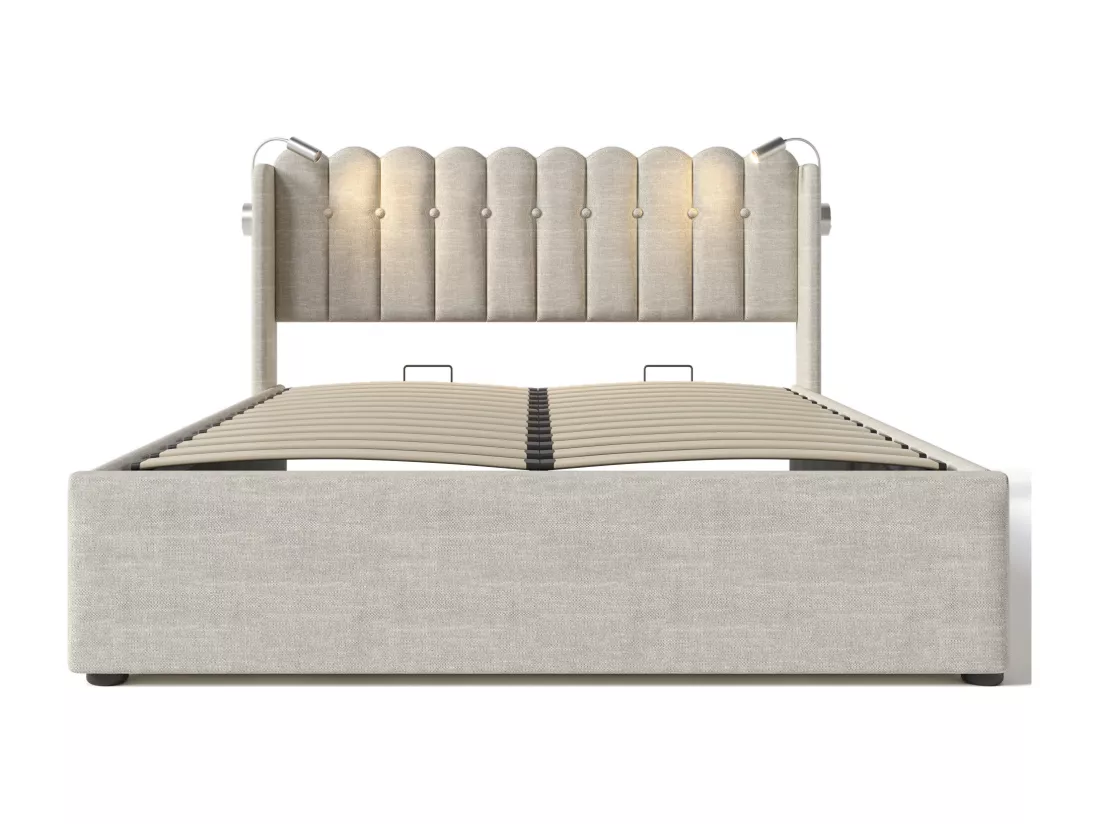 Lit coffre capitonné avec LED et Ports de charge USB - 160x200cm - tissu en lin - avec sommier à lattes - Beige