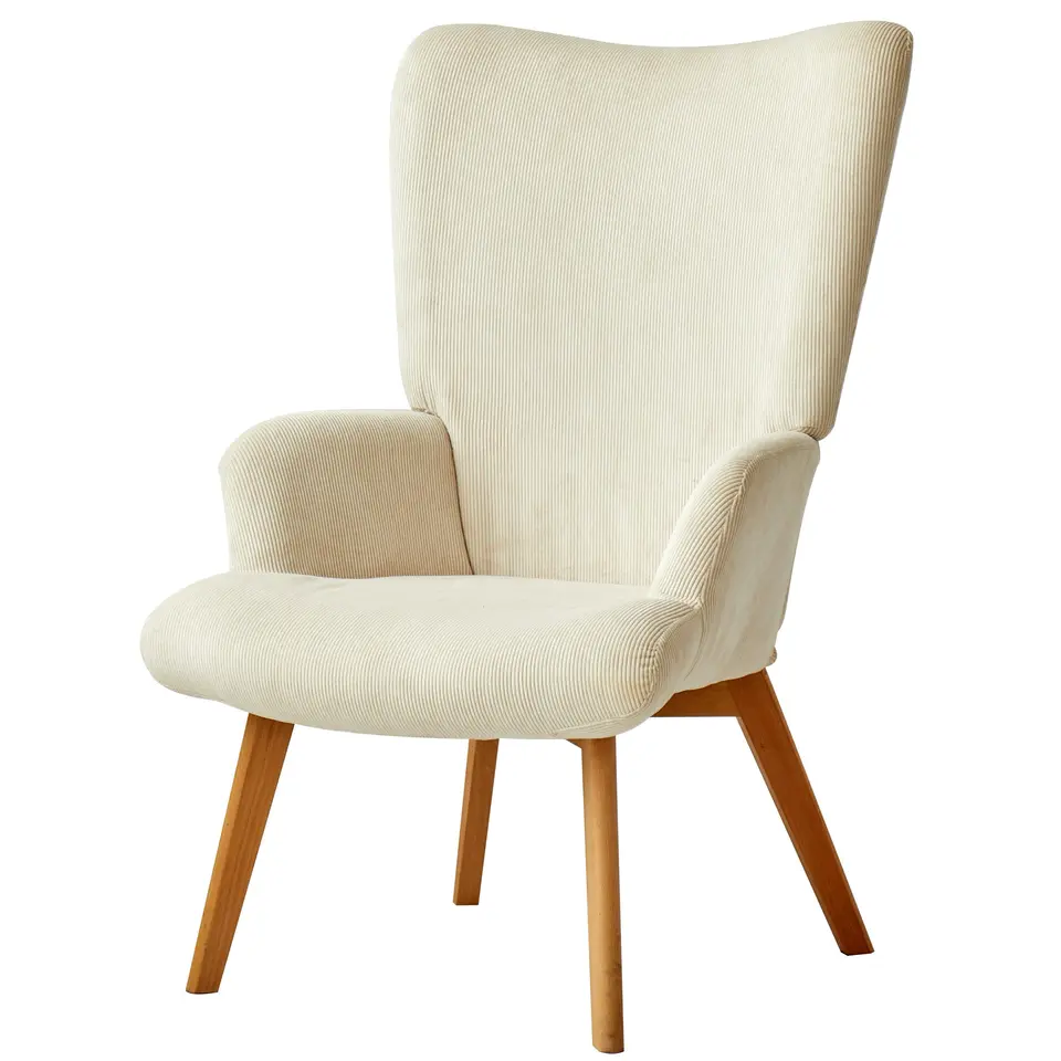 Fauteuil van massief hout en beige fluweel