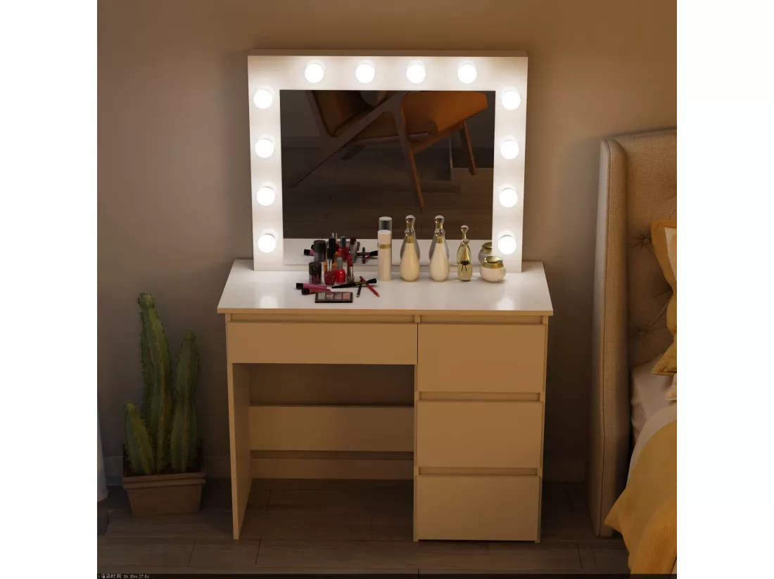 Coiffeuse avec 4 tiroirs et miroir LED coloris blanc - H75 x L94 x P43 cm
