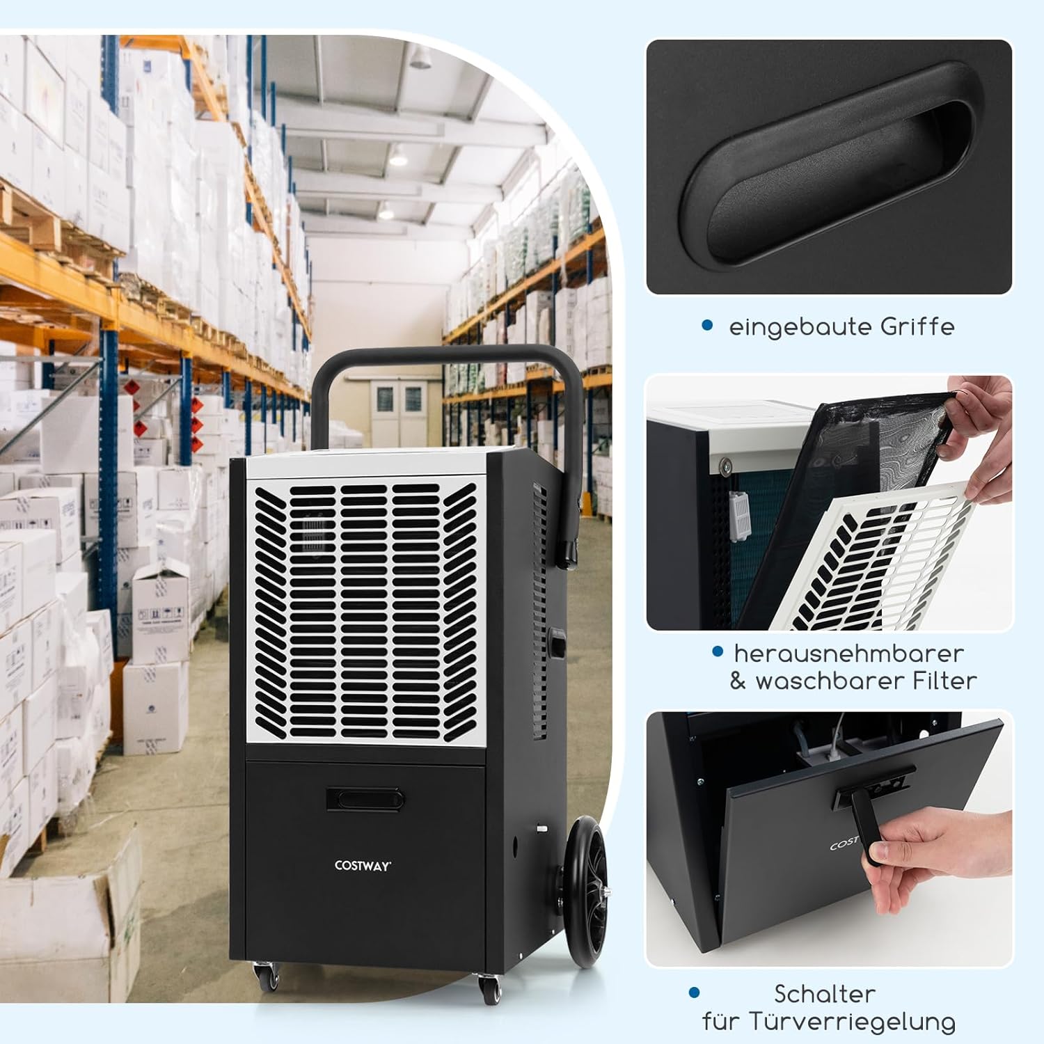 COSTWAY 66 L/Tag Luftentfeuchter, Bautrockner mit Pumpe & Ablaufschlauch, Industrie Trocknungsgerät mit 24H Timer & 4 Rädern für Keller, Lager, Baustelle (schwarz und weiß)