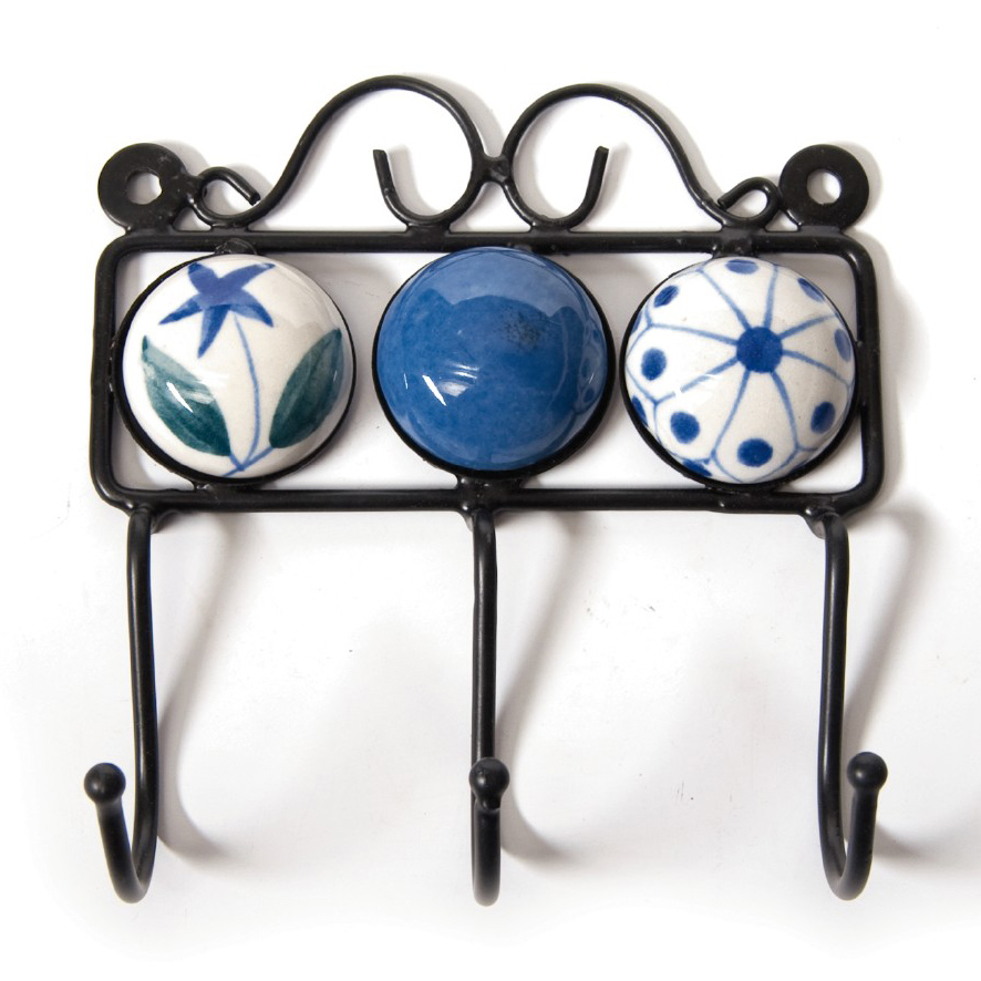 Wandhaken 3fach, blau, weiß, L 4,5 cm, B 14,5 cm, H 15 cm von fischer's lagerhaus