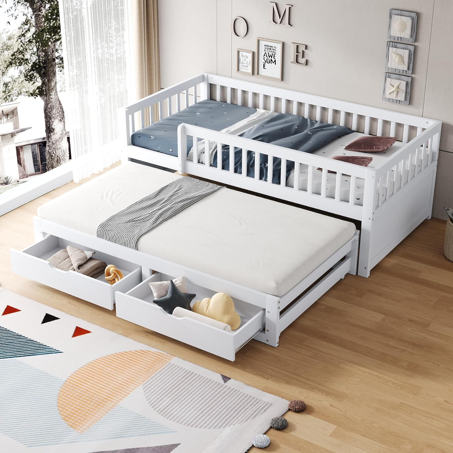 Kinderbett 90x200 Massivholz Schlafsofa mit Ausziehbett & Schubladen, Multifunktionsbett Tagesbett Gästebett Stauraumbett Jugendbett Bettgestell mit Rausfallschutz und Lattenrost, ohne Matratze, Weiß